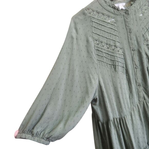 Semi-Sheer-Dotted Swiss Cottagcore Dress-Moss Grn-Tiered-Lace/Pin Tuck Details M - Picture 10 of 14
